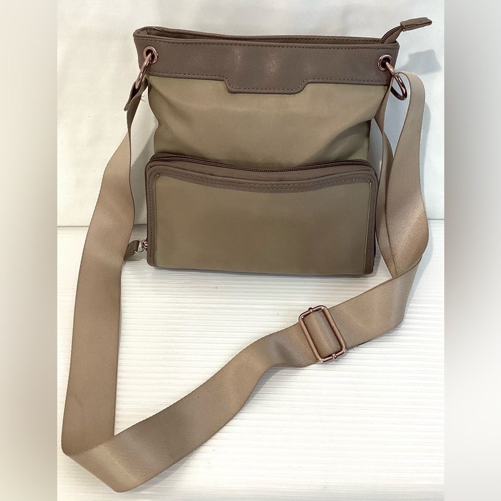 Signature Collection Crossbody Purse Color Khaki Nylon Pockets Adjustable Strap